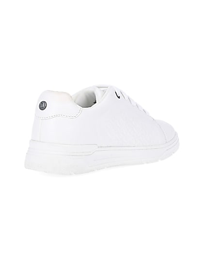 360 degree animation of product Boys White wide fit Pu Embossed Trainers frame-12
