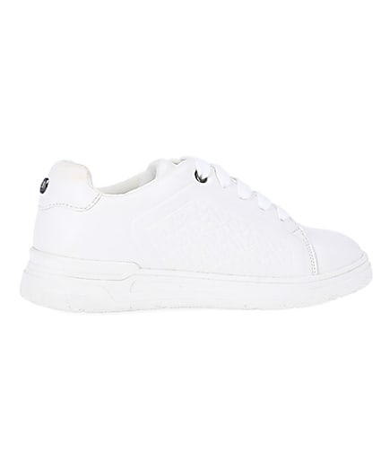 360 degree animation of product Boys White wide fit Pu Embossed Trainers frame-14