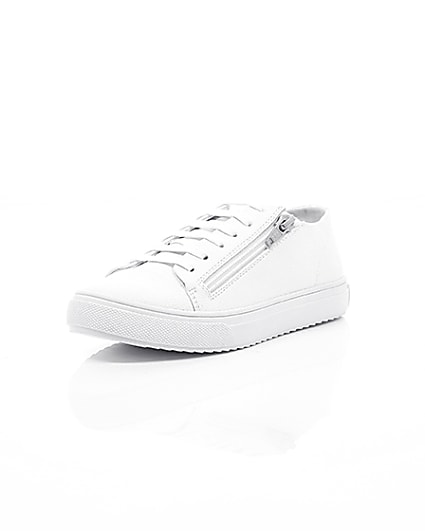 360 degree animation of product Boys white zip side lace-up trainers frame-1