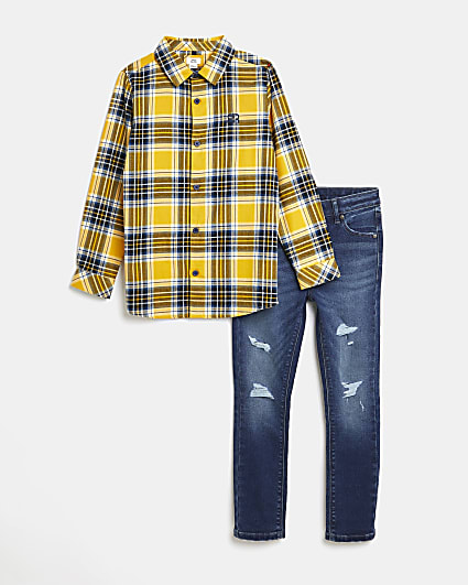 Boys yellow check shirt and jeans outfit