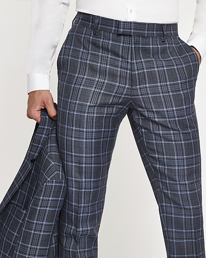 Bright blue check skinny suit trousers
