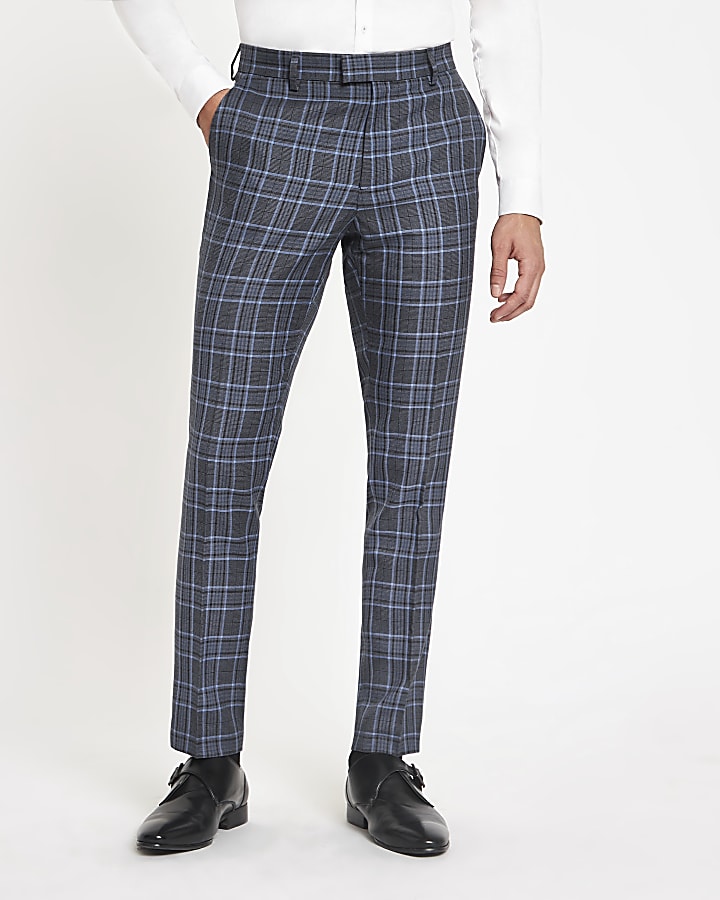 Bright blue check skinny suit trousers