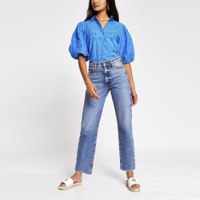 Bright blue long sleeve broderie shirt | River Island