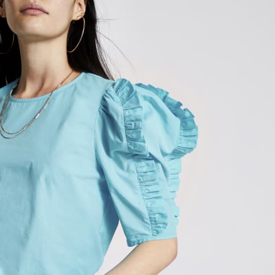 Bright blue poplin frill short sleeve blouse