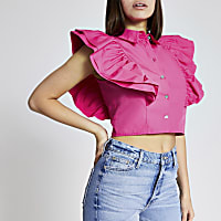 Bright pink frill cropped shirt