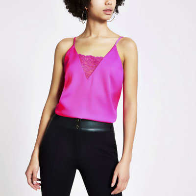 Bright pink lace V neck cami top | River Island