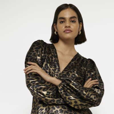 Bronze animal print cut out mini dress