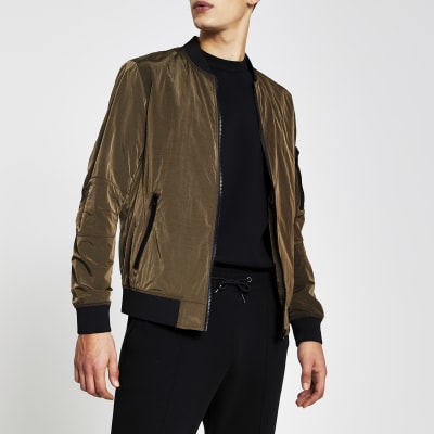 Bronze crinkle bomber jacket River Island
