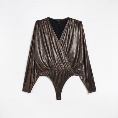 Bronze long sleeve wrap bodysuit River Island