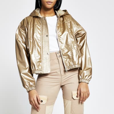 Bronze metallic nylon bomber jacket River Island