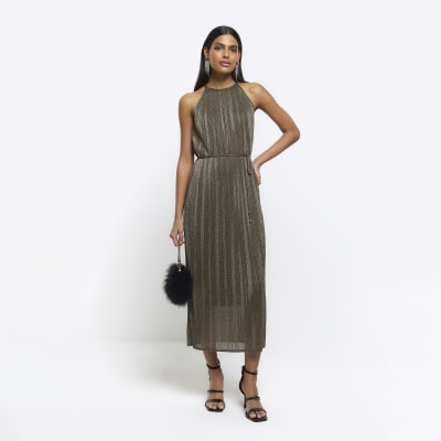 Bronze plisse tie waist slip midi dress | River Island