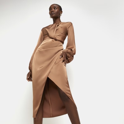 Bronze satin wrap midi dress | River Island