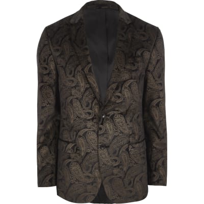 Brown and gold paisley slim fit blazer