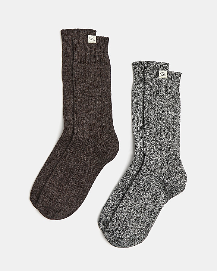 Brown and grey RI thick boot socks 2 pack