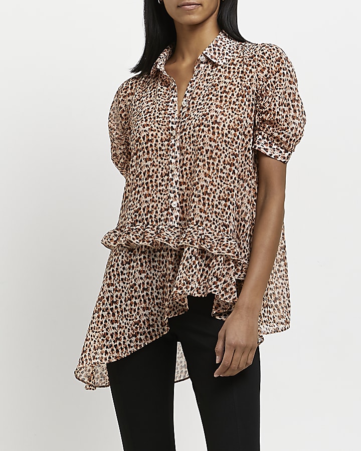 Brown animal print asymmetric shirt