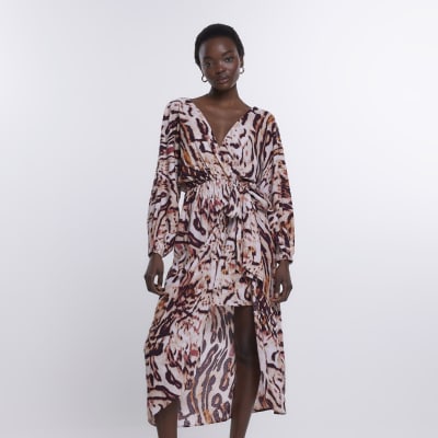 Brown animal print asymmetric wrap midi dress River Island