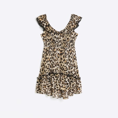 Brown animal print bardot mini dress