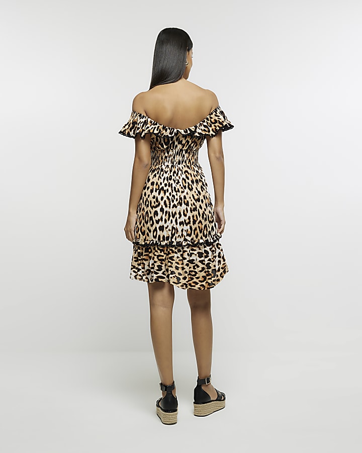 Brown animal print bardot mini dress