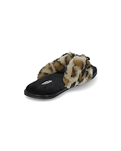 360 degree animation of product Brown animal print bow faux fur slippers frame-11