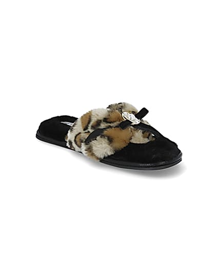 360 degree animation of product Brown animal print bow faux fur slippers frame-18