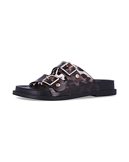 360 degree animation of product Brown animal print buckle jelly sandals frame-1
