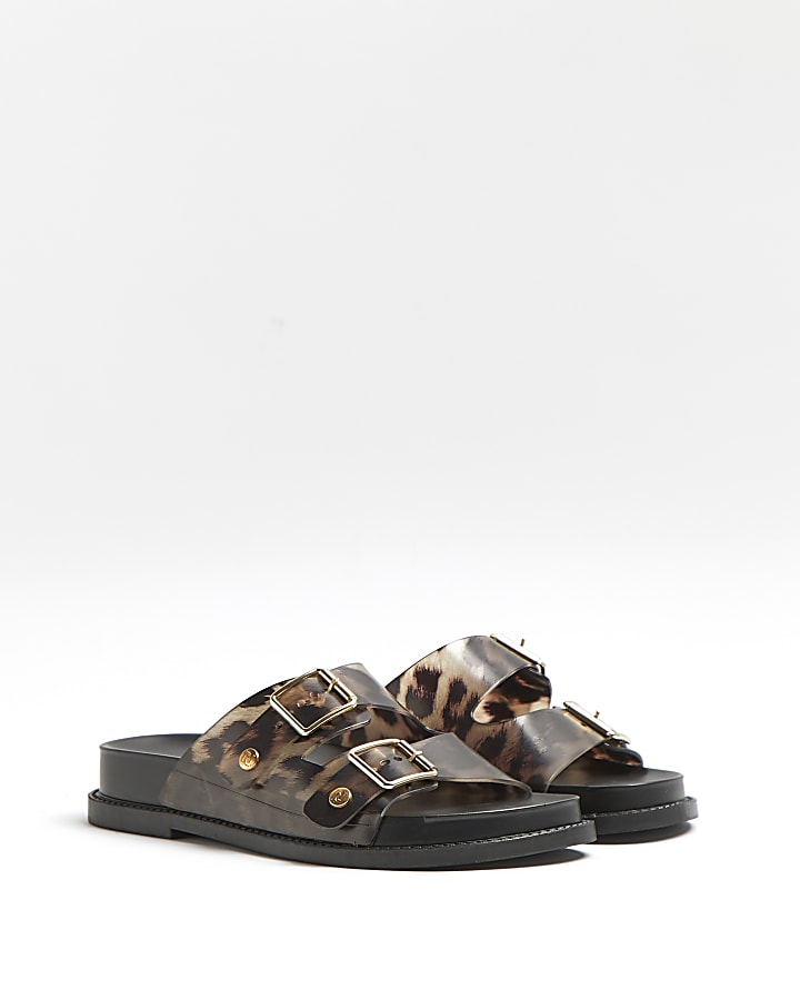 Brown animal print buckle jelly sandals