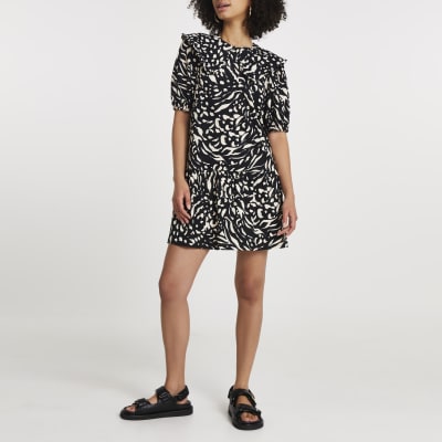 Brown animal print collared tiered mini dress | River Island