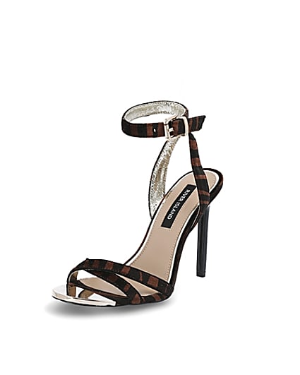 360 degree animation of product Brown animal print cross strap heeled sandals frame-0