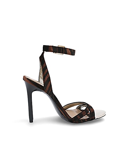 360 degree animation of product Brown animal print cross strap heeled sandals frame-14