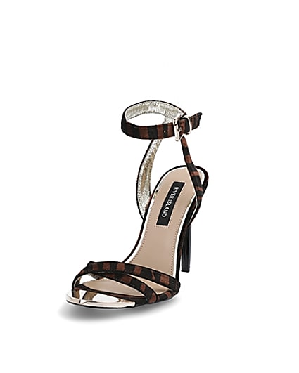 360 degree animation of product Brown animal print cross strap heeled sandals frame-23