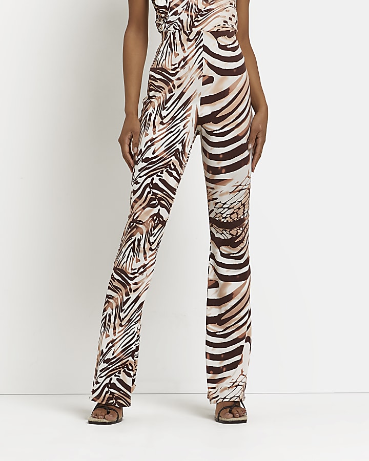 Brown animal print flared trousers