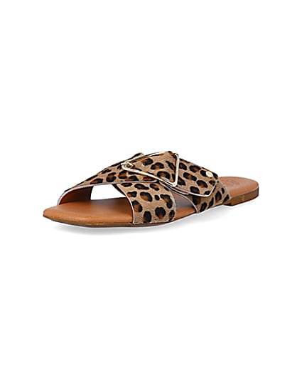 360 degree animation of product Brown animal print flat sandals frame-0