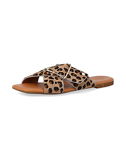 360 degree animation of product Brown animal print flat sandals frame-1