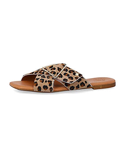 360 degree animation of product Brown animal print flat sandals frame-2