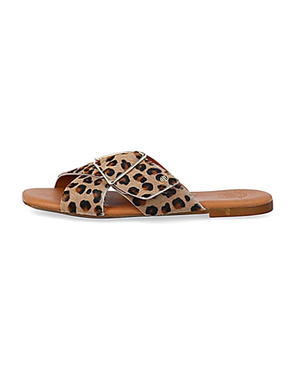 360 degree animation of product Brown animal print flat sandals frame-3