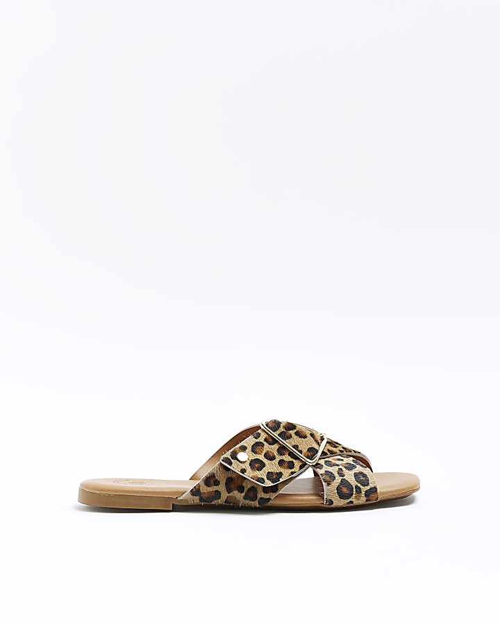 Brown animal print flat sandals