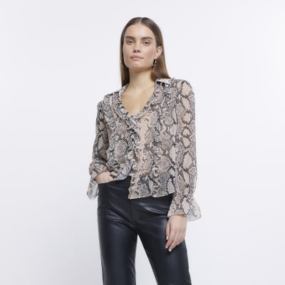 Brown animal print frill shirt