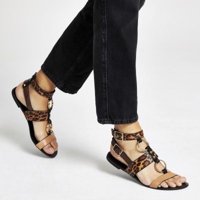 Brown animal print gladiator sandals 