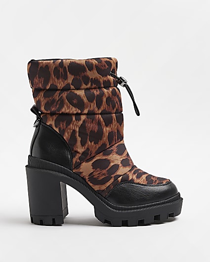Brown animal print heeled hiker boots