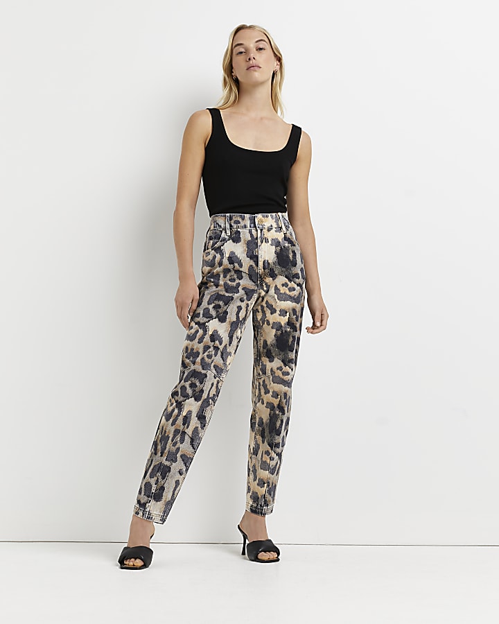 Brown animal print high waisted tapered jeans