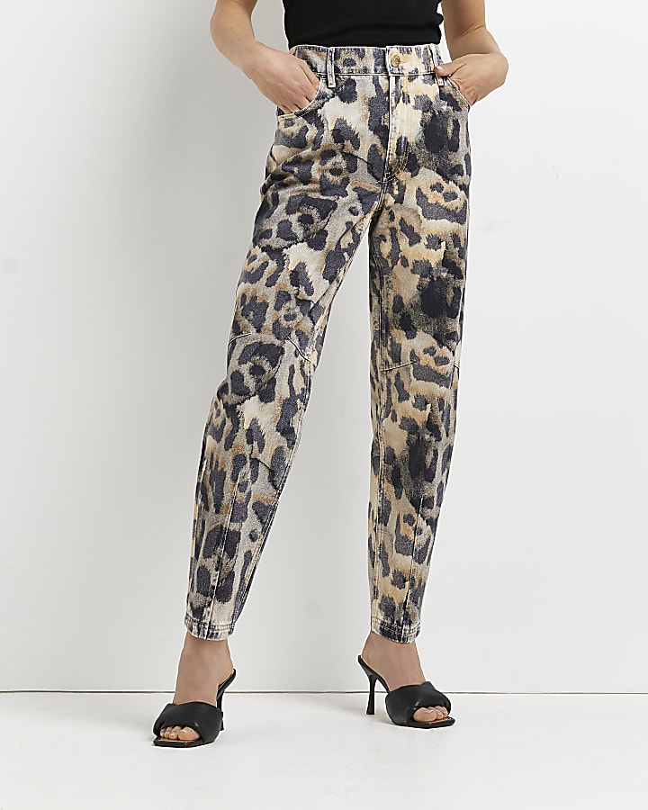 Brown animal print high waisted tapered jeans