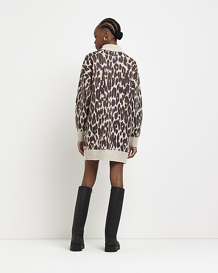 Brown animal print jumper mini dress