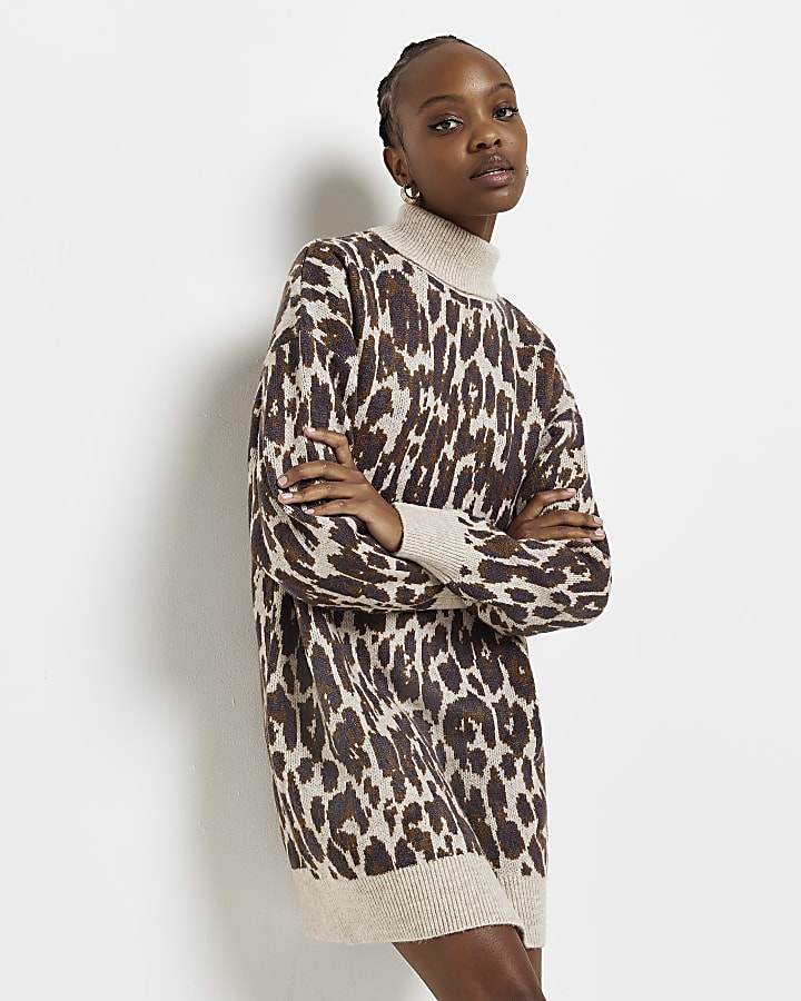 Brown animal print jumper mini dress