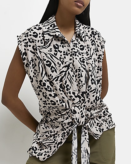 Brown animal print knot front shirt