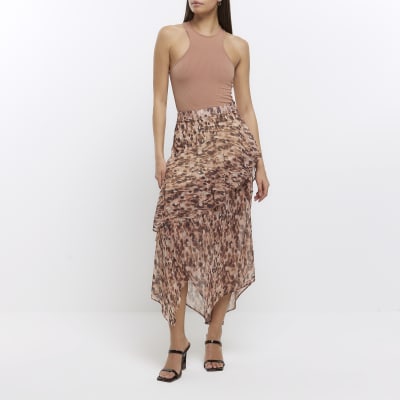 Massimo Dutti MIDI Wrap WITH レディース ANIMAL PRINT skirt brown