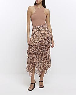 Brown animal print layered midi skirt