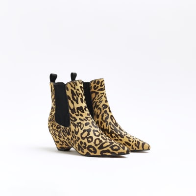 Brown animal print leather kitten heel boots