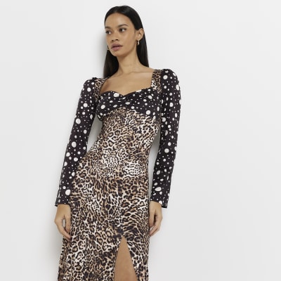 Brown animal print long sleeve midi dress