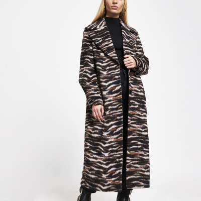 Brown animal print longline coat