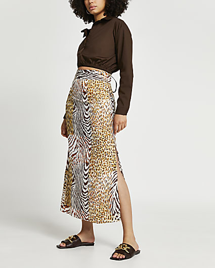 Brown animal print maxi pleat skirt
